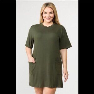 Dark Olive Short Solid Dress With Pockets, 2XL NWT